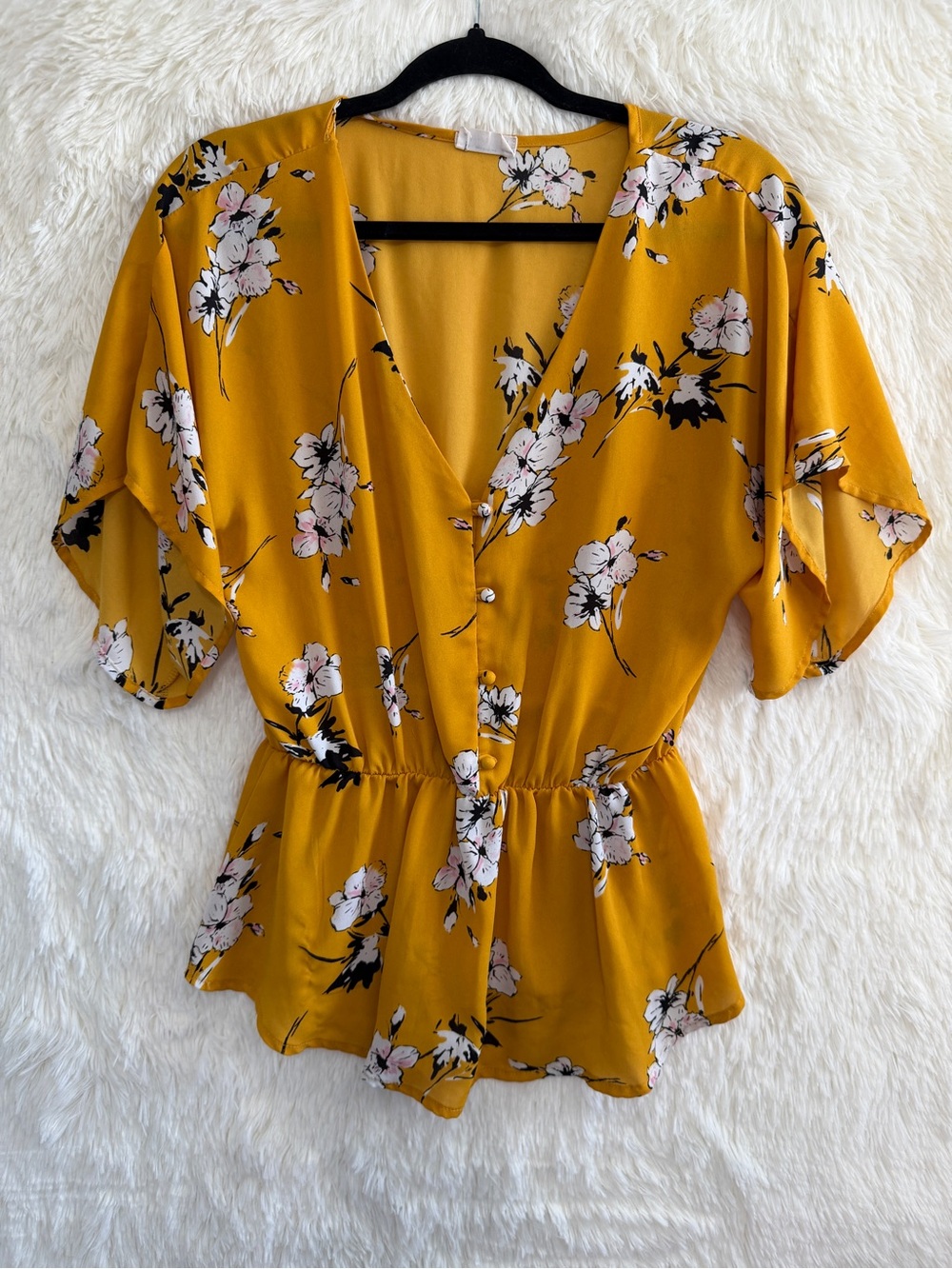 Sienna Sky Womens Boho Floral Peplum Top Size L Yellow Cottagecore V-Neck Fairy